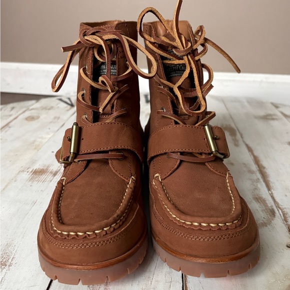 POLO Ralph Lauren Ranger boots brown tan leather lace up buckle men’s sz 8.5 EUC - Picture 5 of 11